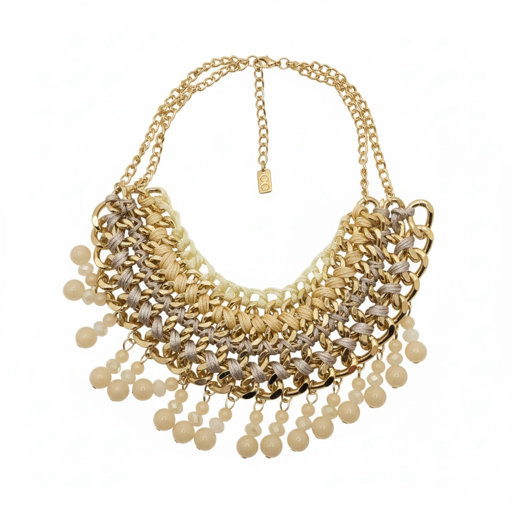 Statement Gold Chain Bib Necklace Ivory Beads